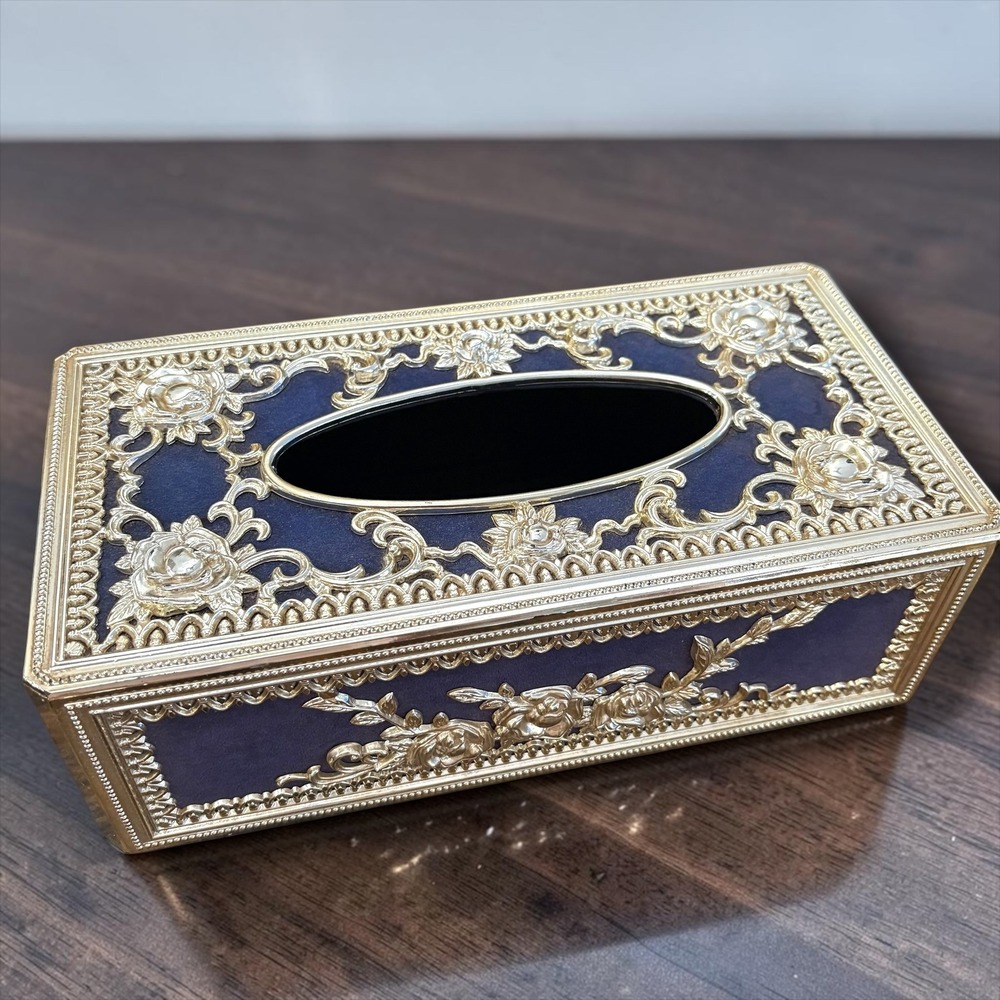W.P. Ornate Gold Navy Blue Floral Tissue Box Cover Victorian Rose Filigree Decor